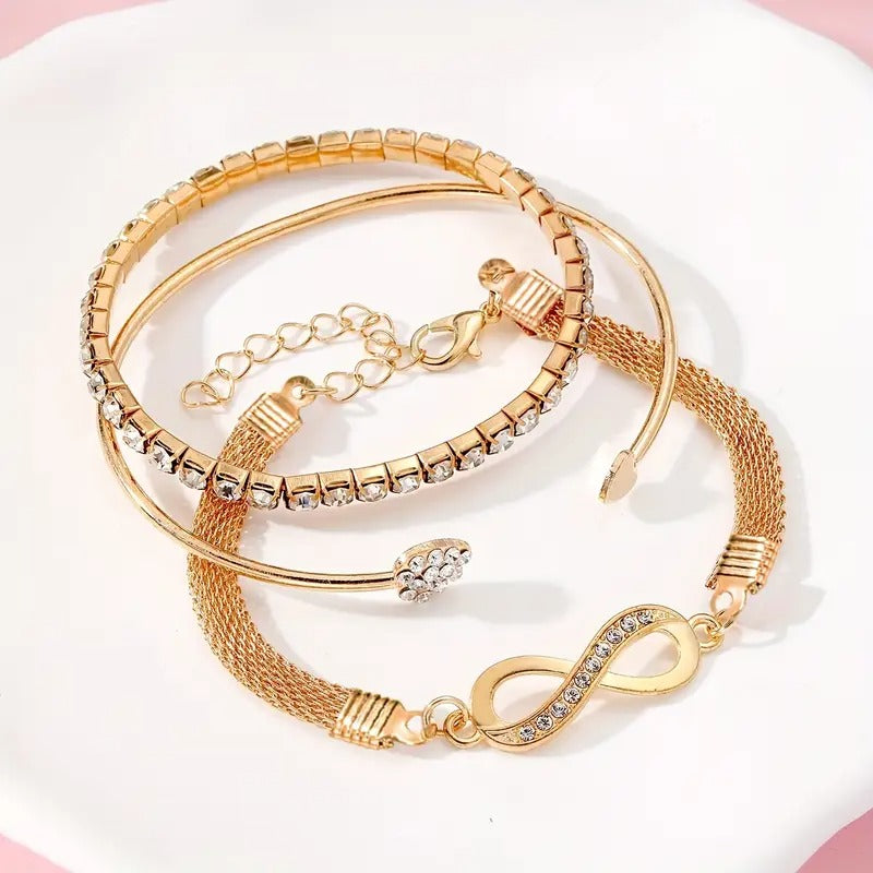 3pcs Women'S Bracelet Set with Wireless Symbol, Rhinestone Heart Charm