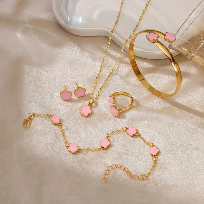 Lucky Clover Bracelet, Necklace, Earrings, Bracelet, Ring Set of Five