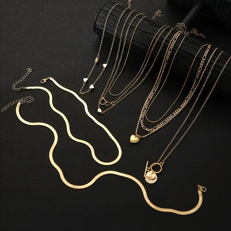 10pcs Punk Multi-Layer Flat Snake Chain Necklace Set