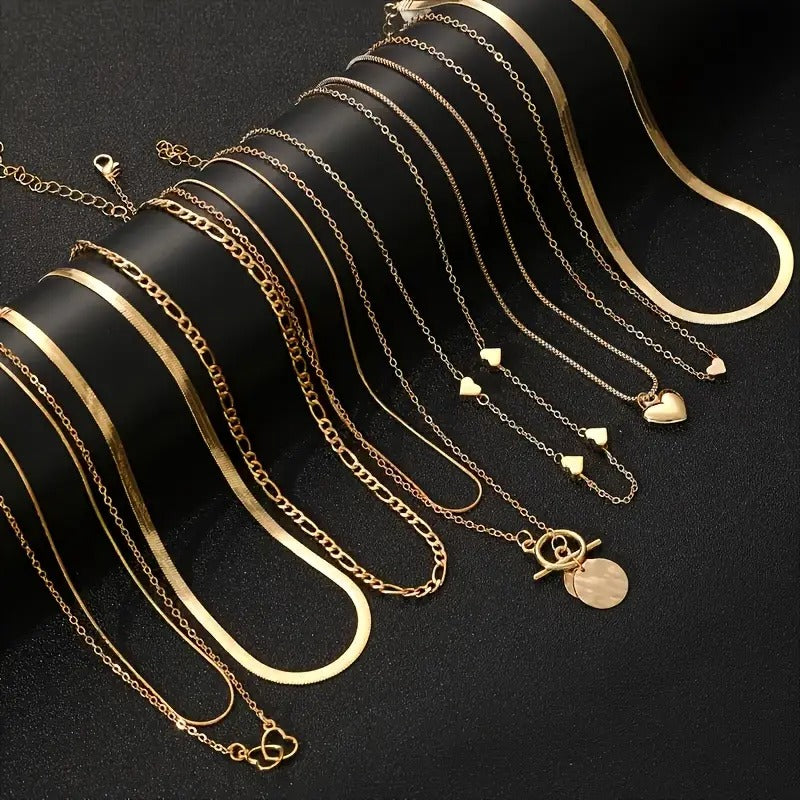 10pcs Punk Multi-Layer Flat Snake Chain Necklace Set
