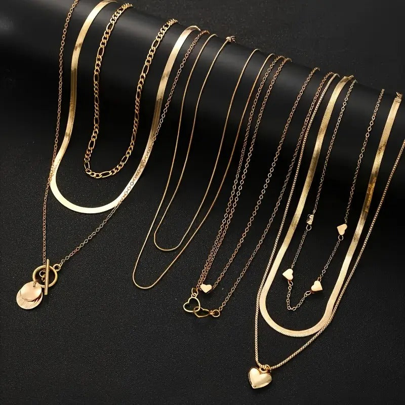 10pcs Punk Multi-Layer Flat Snake Chain Necklace Set