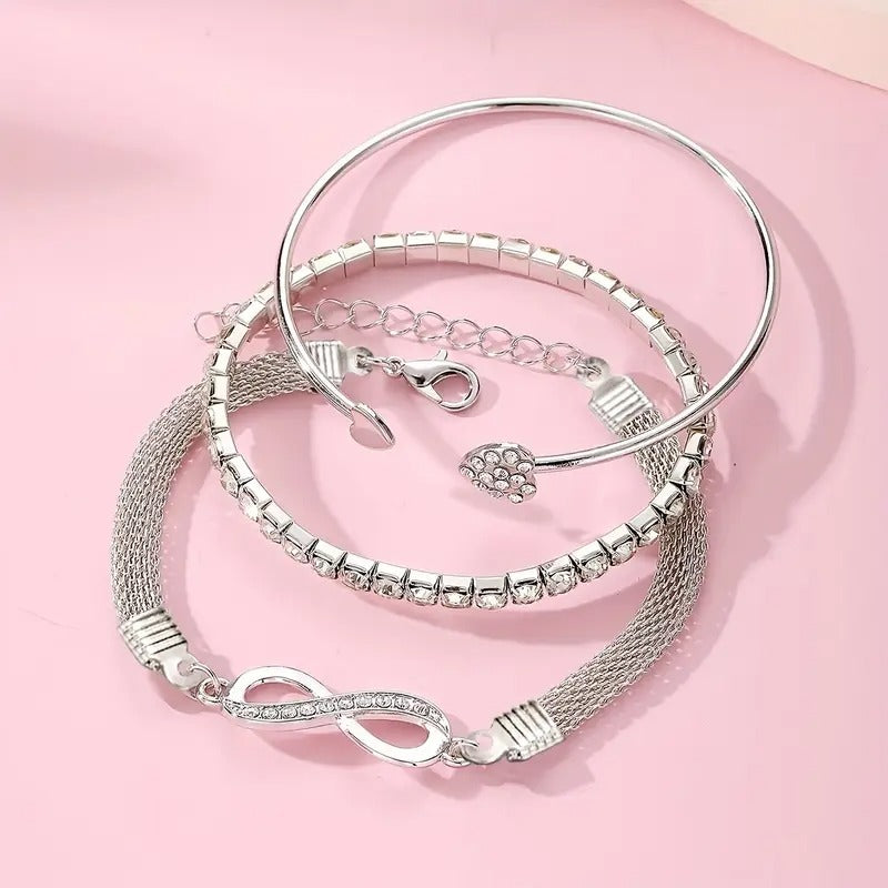 3pcs Women'S Bracelet Set with Wireless Symbol, Rhinestone Heart Charm