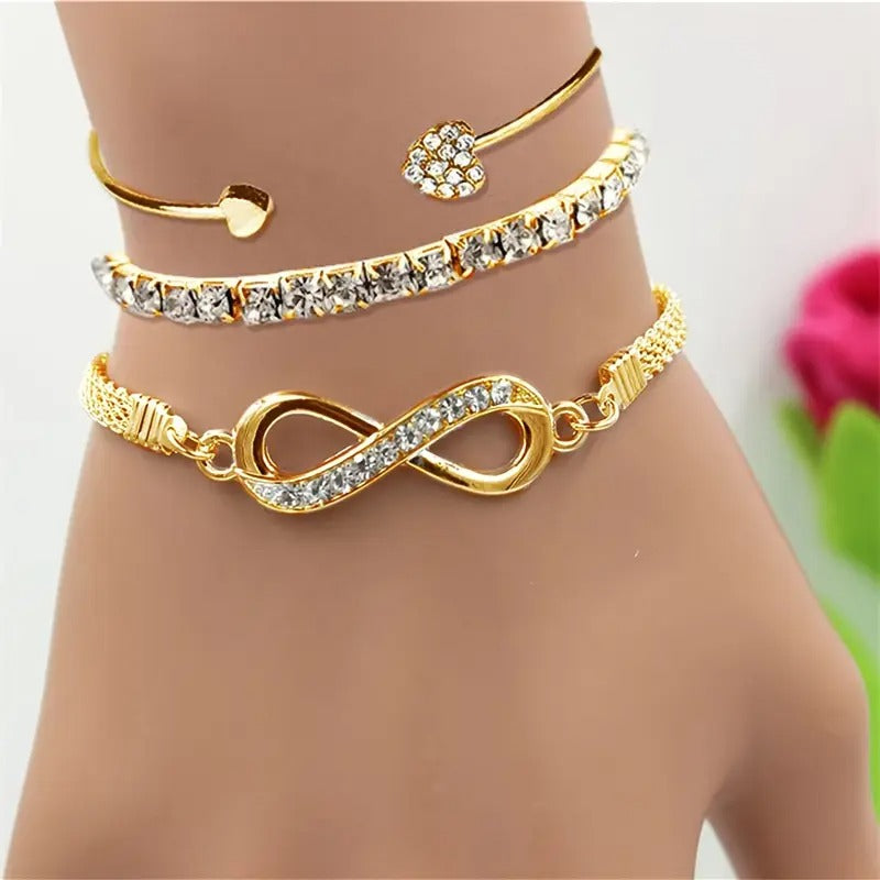 3pcs Women'S Bracelet Set with Wireless Symbol, Rhinestone Heart Charm