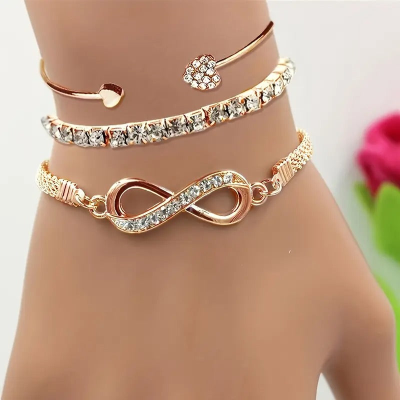 3pcs Women'S Bracelet Set with Wireless Symbol, Rhinestone Heart Charm