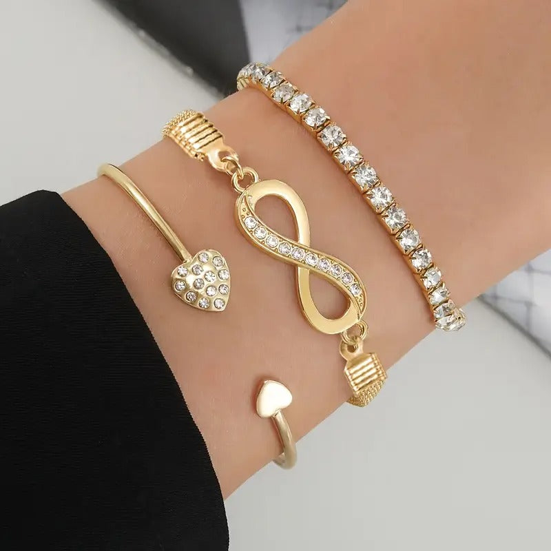 3pcs Women'S Bracelet Set with Wireless Symbol, Rhinestone Heart Charm