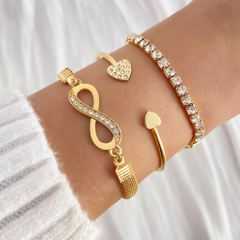 3pcs Women'S Bracelet Set with Wireless Symbol, Rhinestone Heart Charm