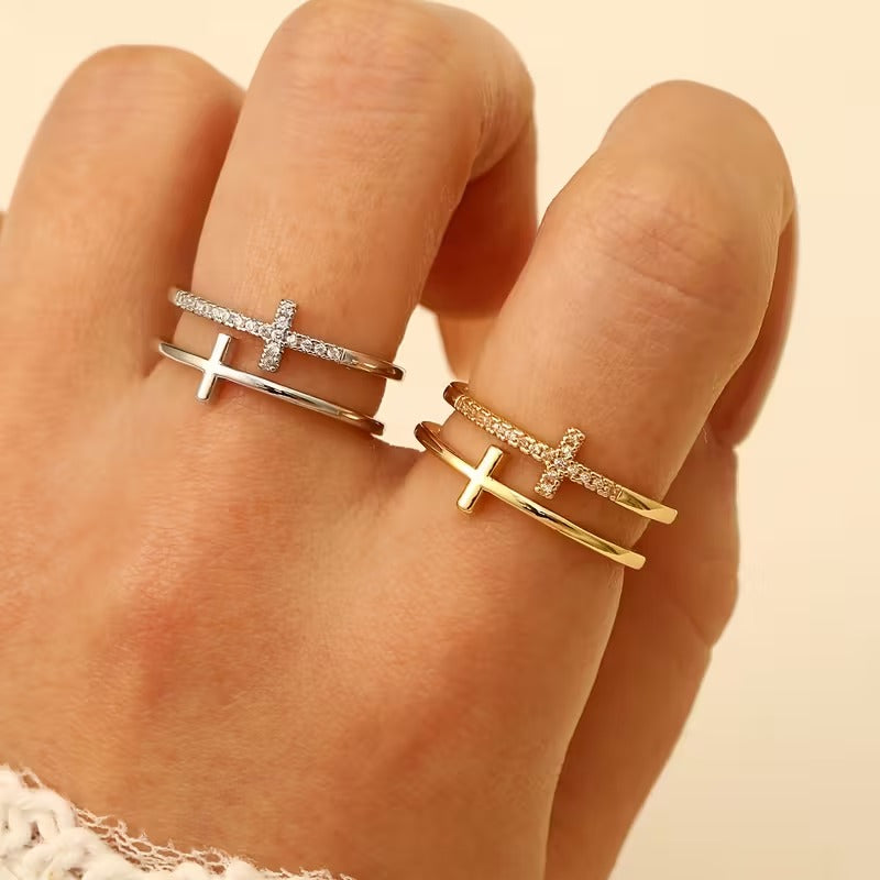 Cross Ring with Rhinestones | Adjustable Opening