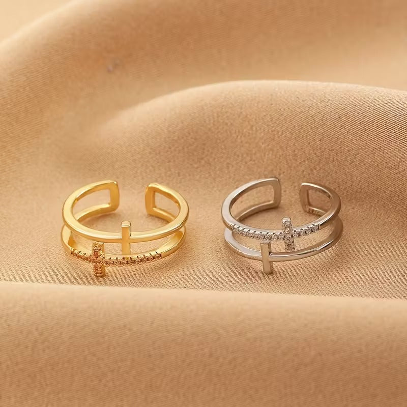Cross Ring with Rhinestones | Adjustable Opening