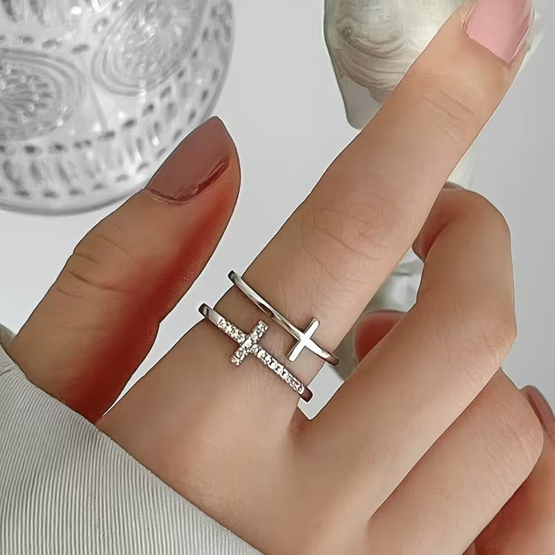 Cross Ring with Rhinestones | Adjustable Opening