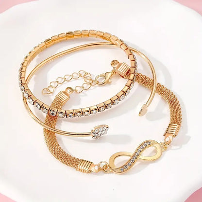 3pcs Women'S Bracelet Set with Wireless Symbol, Rhinestone Heart Charm