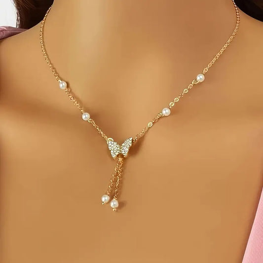 Women's Faux Pearl Butterfly Necklace