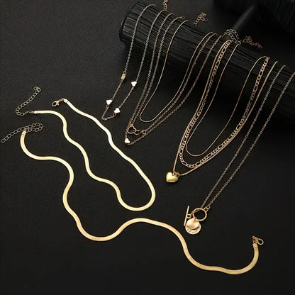 10pcs Punk Multi-Layer Flat Snake Chain Necklace Set