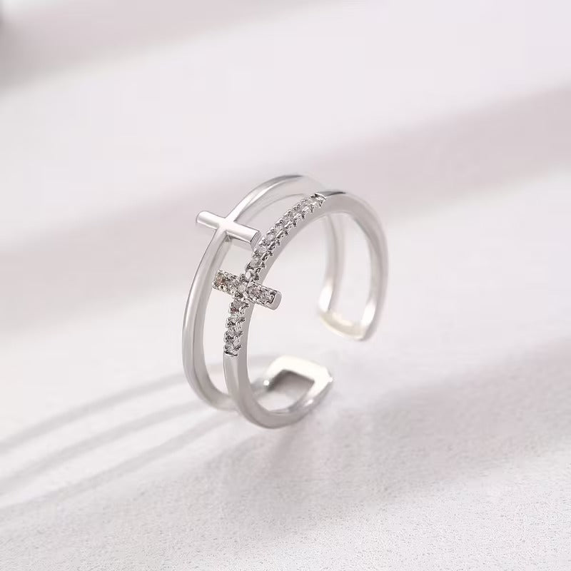 Cross Ring with Rhinestones | Adjustable Opening