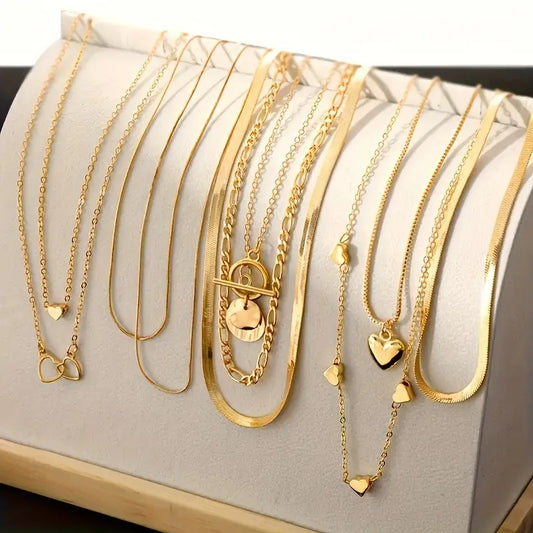 10pcs Punk Multi-Layer Flat Snake Chain Necklace Set