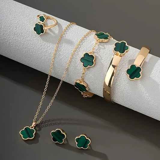 Lucky Clover Bracelet, Necklace, Earrings, Bracelet, Ring Set of Five