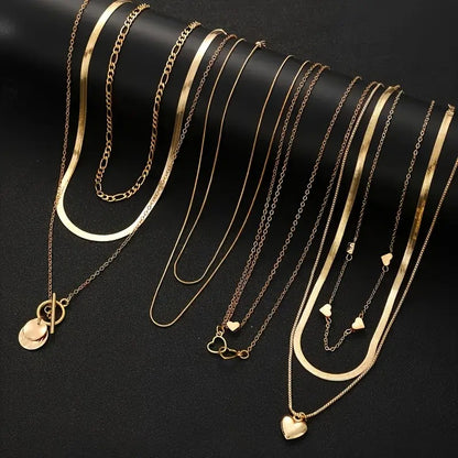 10pcs Punk Multi-Layer Flat Snake Chain Necklace Set