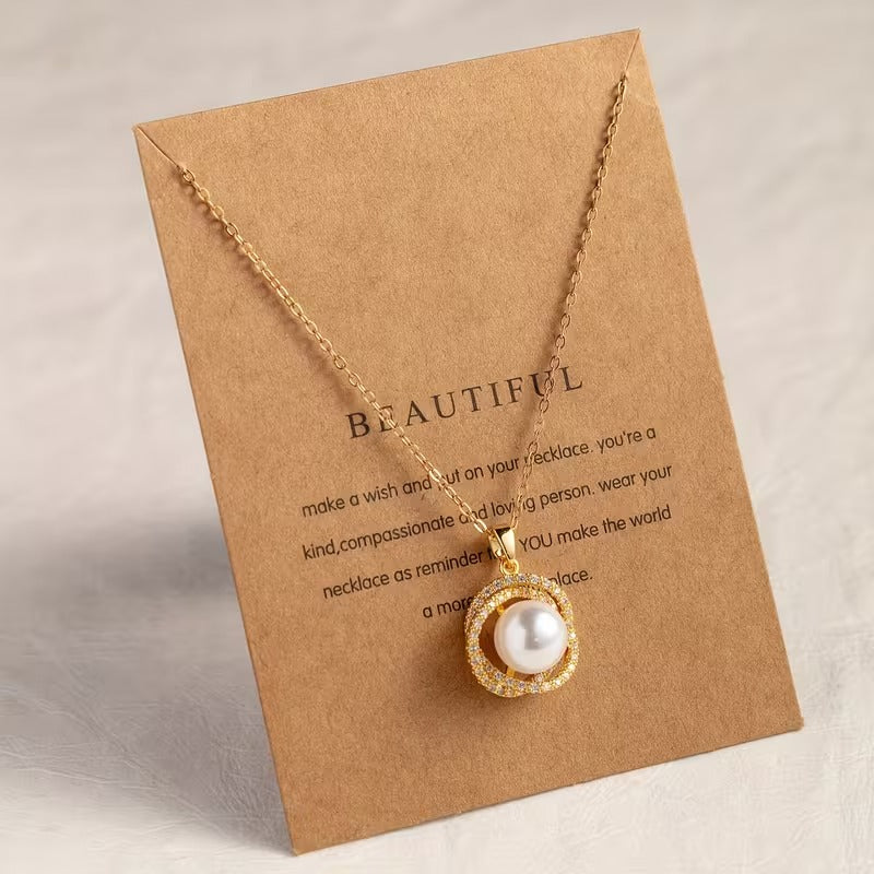 Elegant Pearl &amp; Diamond Halo Pendant Necklace