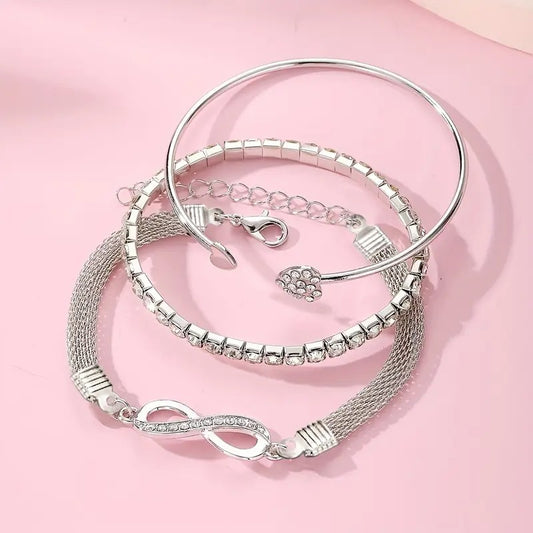 3pcs Women'S Bracelet Set with Wireless Symbol, Rhinestone Heart Charm
