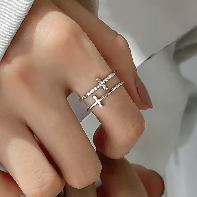 Cross Ring with Rhinestones | Adjustable Opening